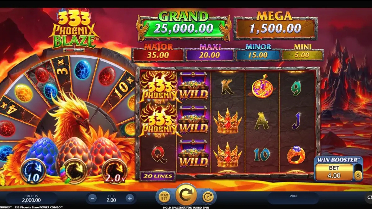 Tampilan visual slot 333 Phoenix Blaze Power Combo dengan latar belakang lava