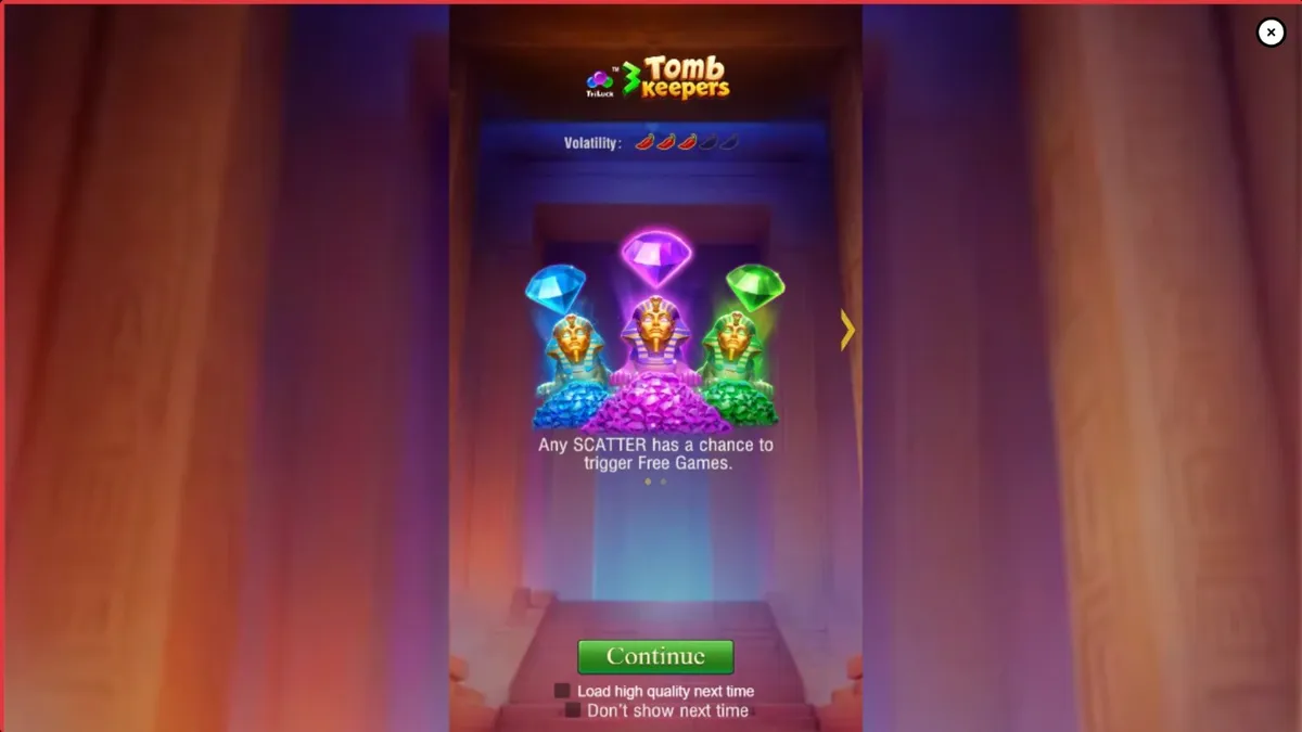 Tampilan visual slot 3 Tomb Keepers dengan patung Firaun dan gulungan Mesir Kuno