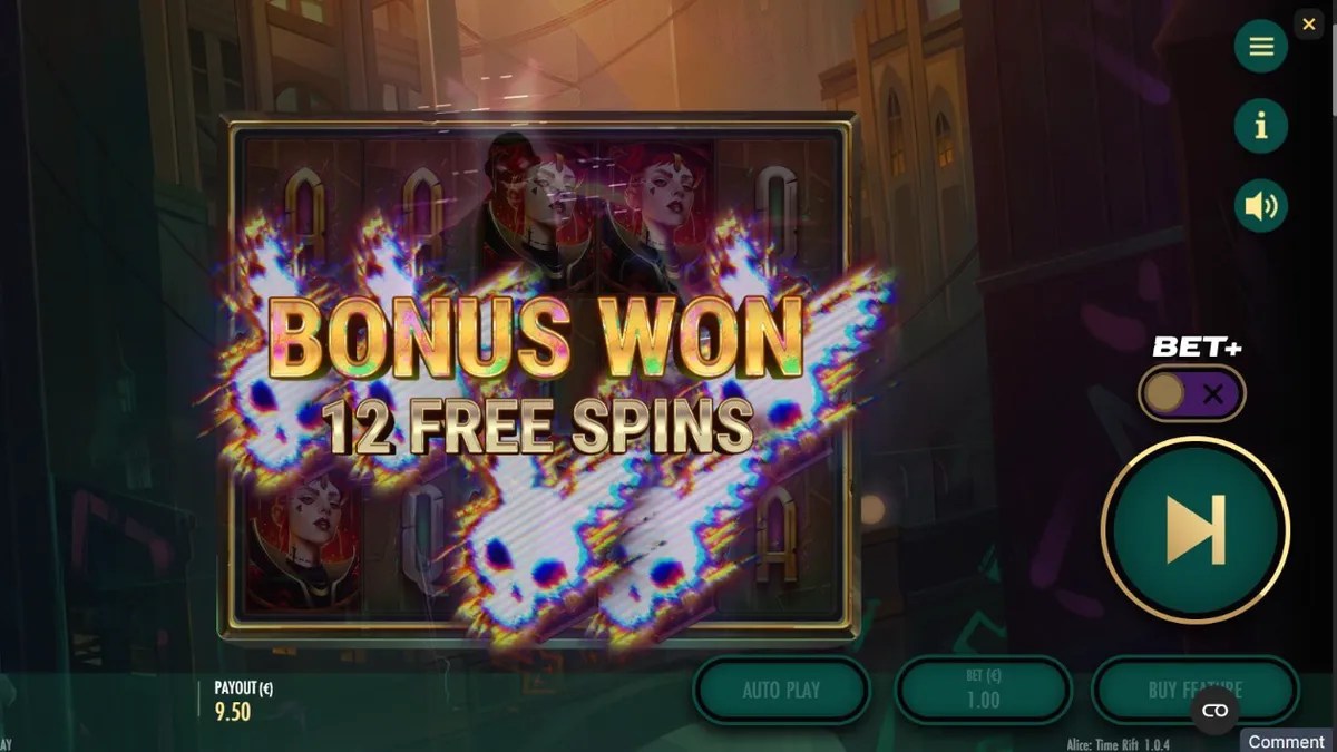 Tampilan visual steampunk dari slot Alice: Time Rift dengan karakter Alice dan latar belakang kota yang hancur.