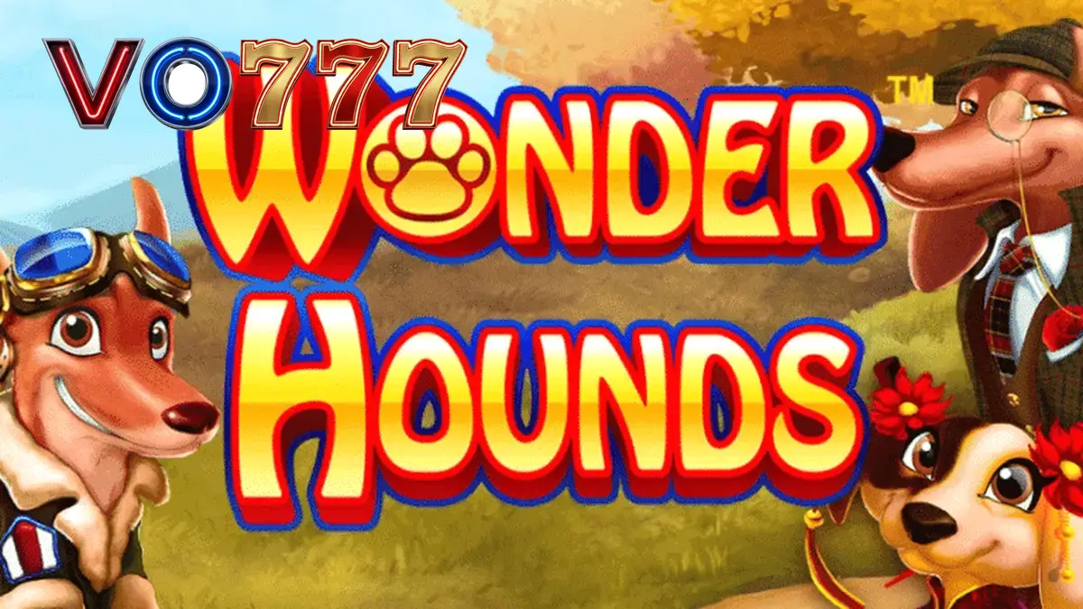 Tampilan antarmuka permainan slot Wonder Hounds dengan tema anjing yang ceria