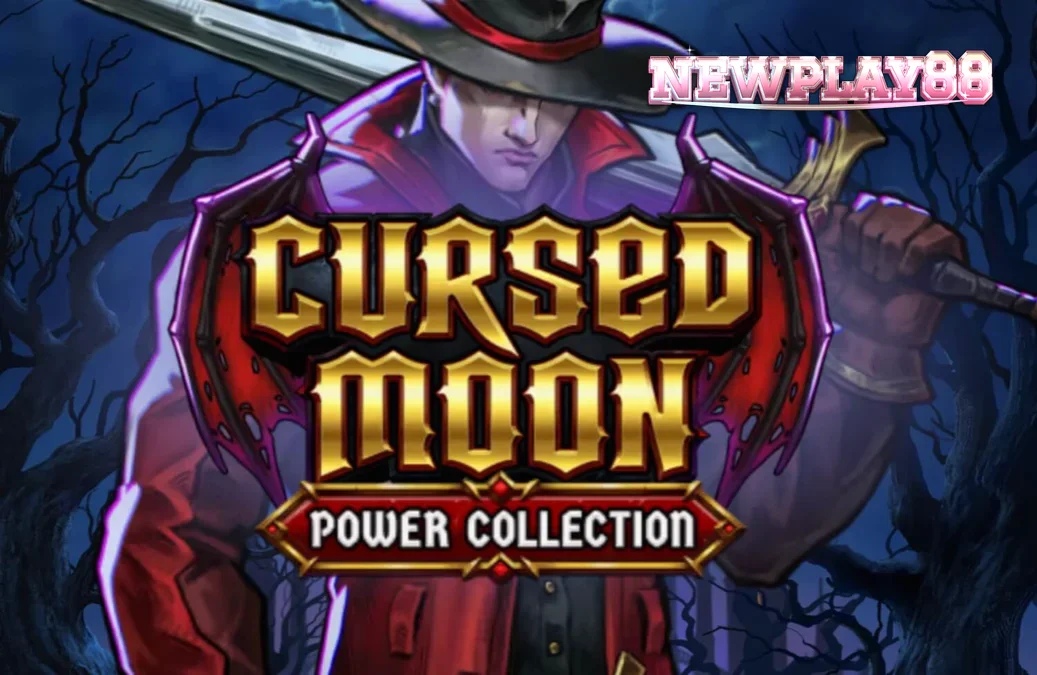 Seorang pemburu monster dengan jubah merah berdiri di depan bulan purnama dalam slot Cursed Moon Power Collection